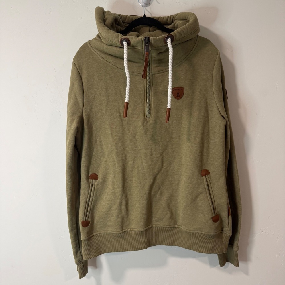 Wanakome Womens Ivy Half Zip Hoodie XL Olive Green Cowl Neck Fleece Pullover